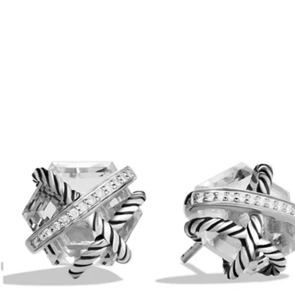 🌹 David Yurman Sterling  with Clear Crystal & Diamond Cable Wrap Stud Ea